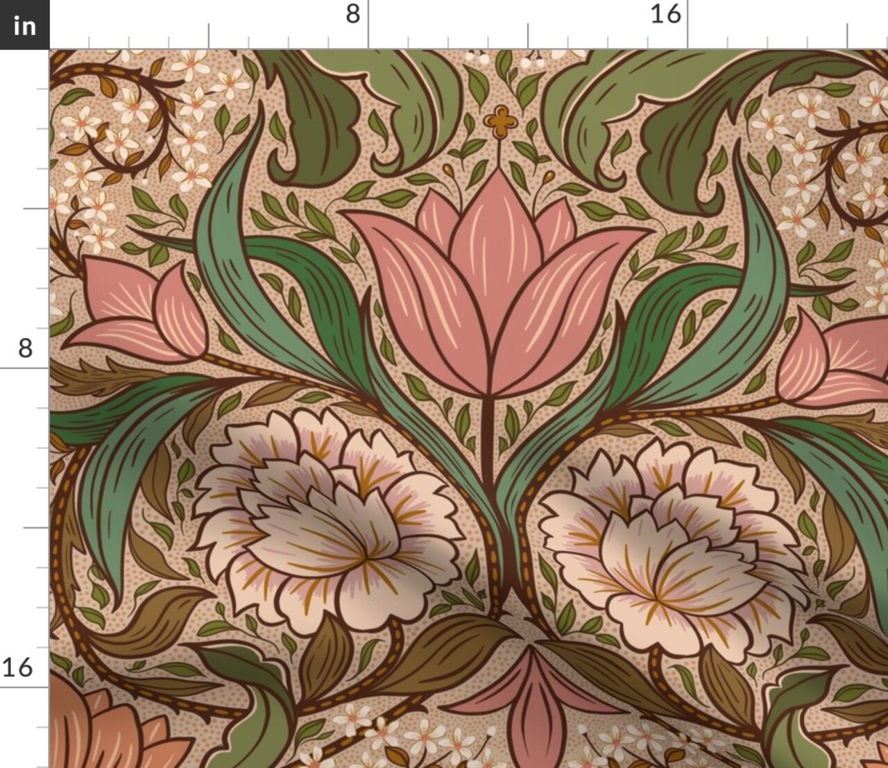 Arts And Crafts Pink Green Hand Drawn Floral Scroll Traditional Heritage Revival Custom Printed Fabric by Spoonflower Various Fabrics by the Yard or Fat Quarter